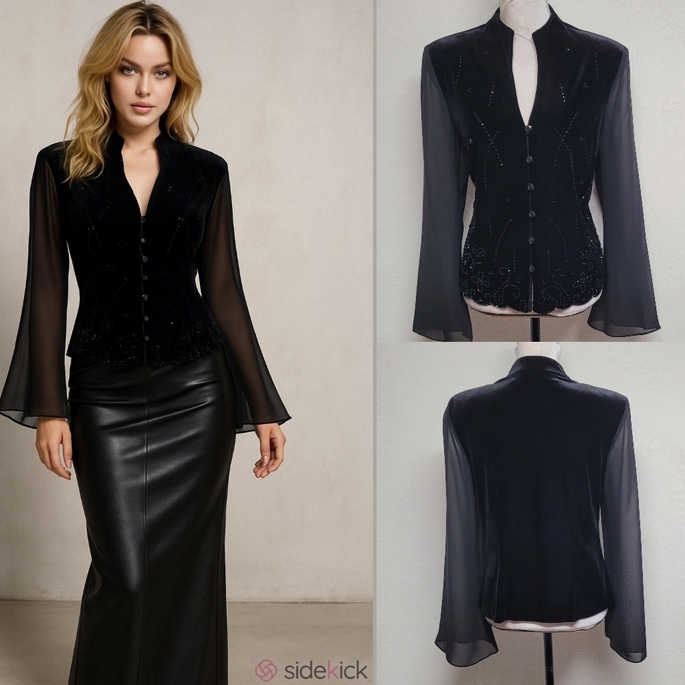 J.R. Nites Vintage 90s Beaded Black Velvet Sheer Chiffon Bell Sleeve Blouse 12